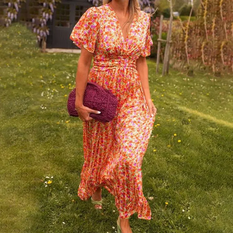 Emily™ - Klassisches V-Ausschnitt Blumen Kleid