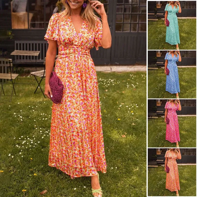 Emily™ - Klassisches V-Ausschnitt Blumen Kleid