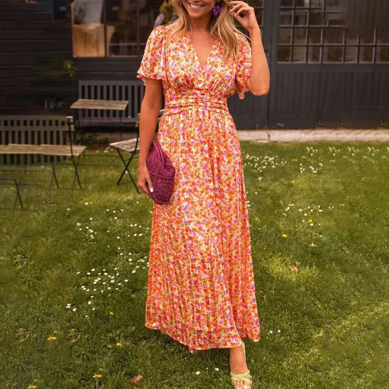 Emily™ - Klassisches V-Ausschnitt Blumen Kleid
