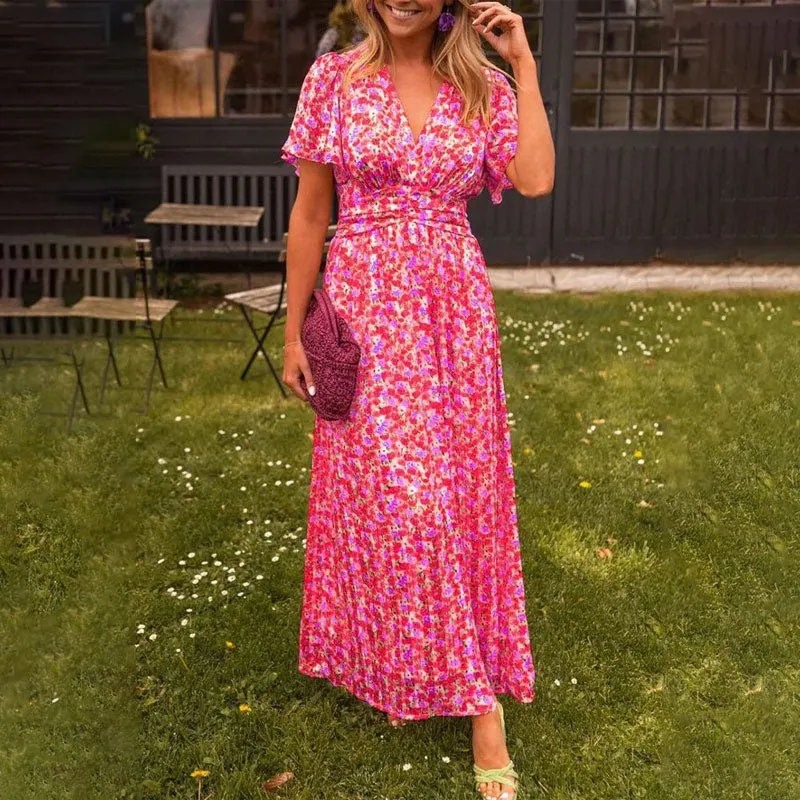 Emily™ - Klassisches V-Ausschnitt Blumen Kleid