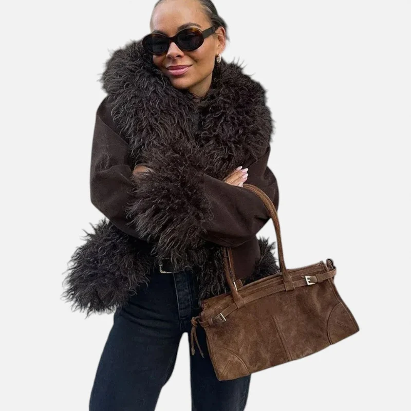 Damen Kunstpelz Jacke mit weitem Kragen