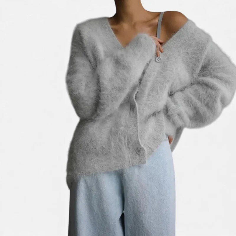 Damen Kaschmir Strickjacke mit flauschiger Oberfläche