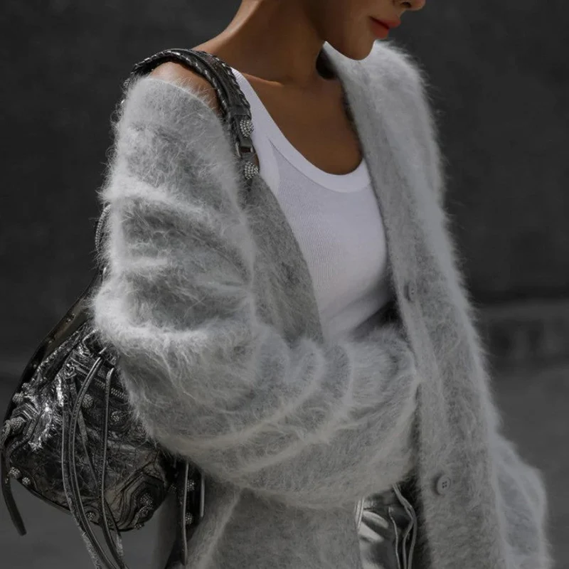 Damen Kaschmir Strickjacke mit flauschiger Oberfläche