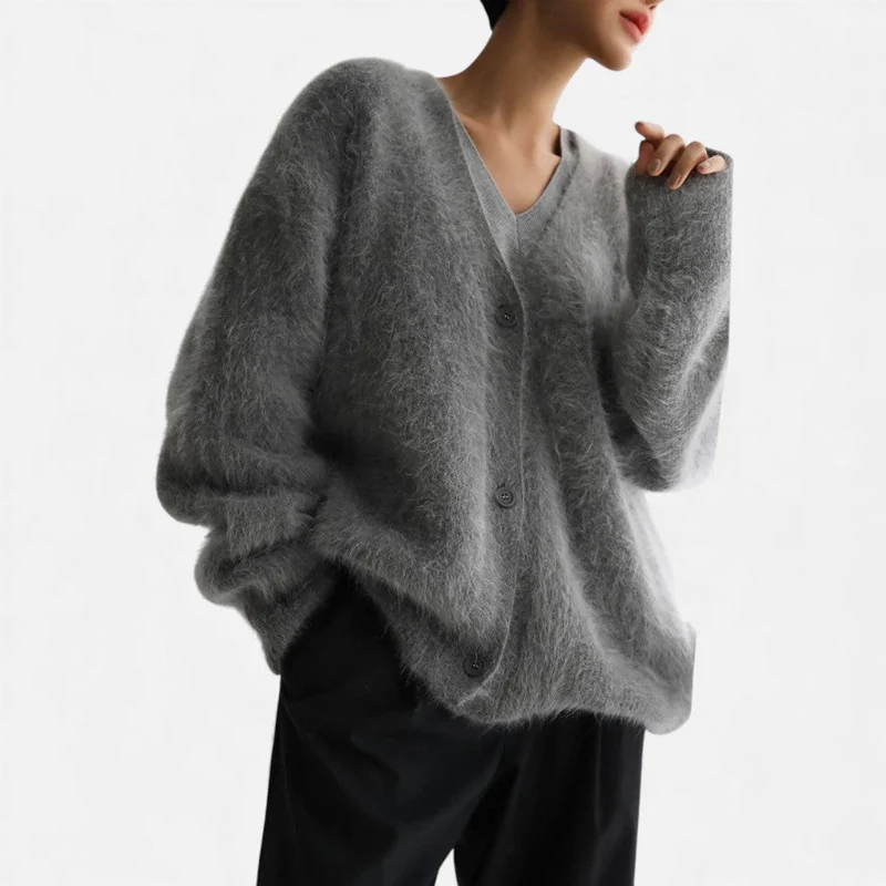Damen Kaschmir Strickjacke mit flauschiger Oberfläche