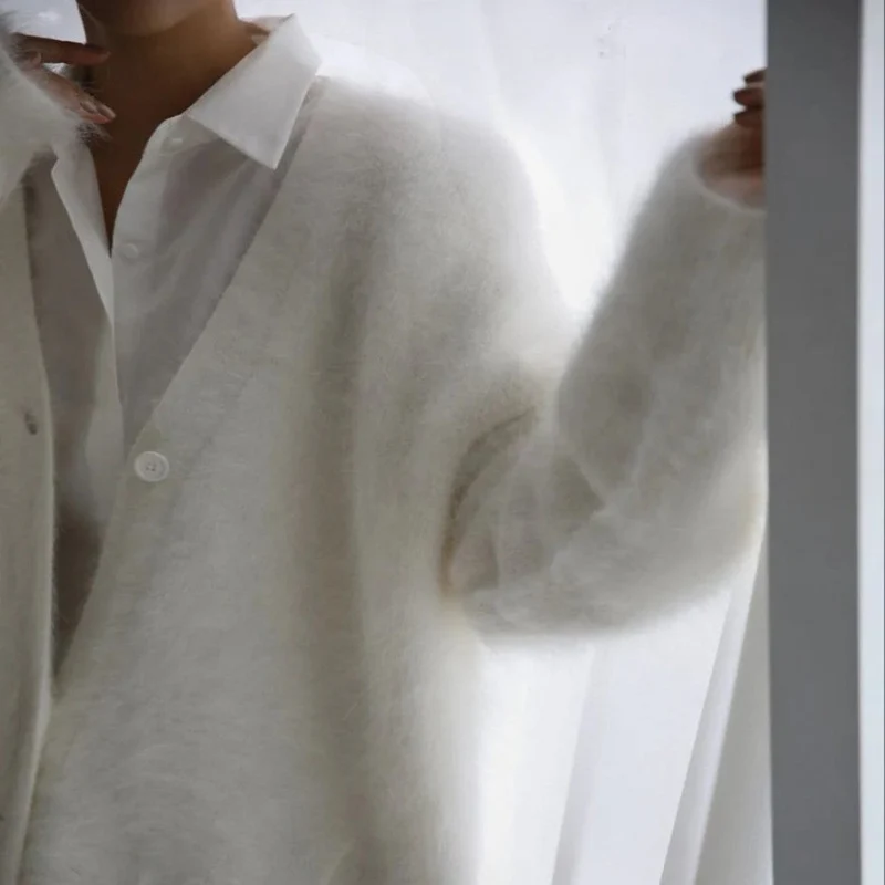 Damen Kaschmir Strickjacke mit flauschiger Oberfläche