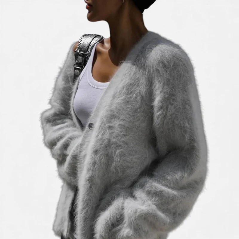 Damen Kaschmir Strickjacke mit flauschiger Oberfläche