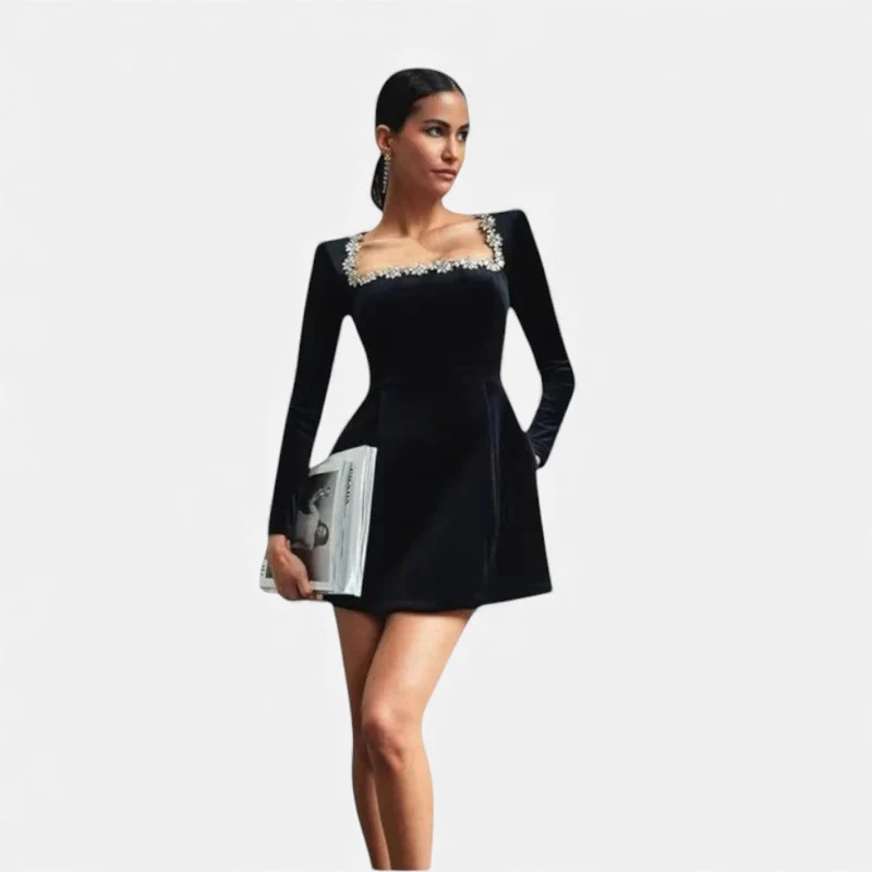 Samt Minikleid mit Ziersteinbesatz