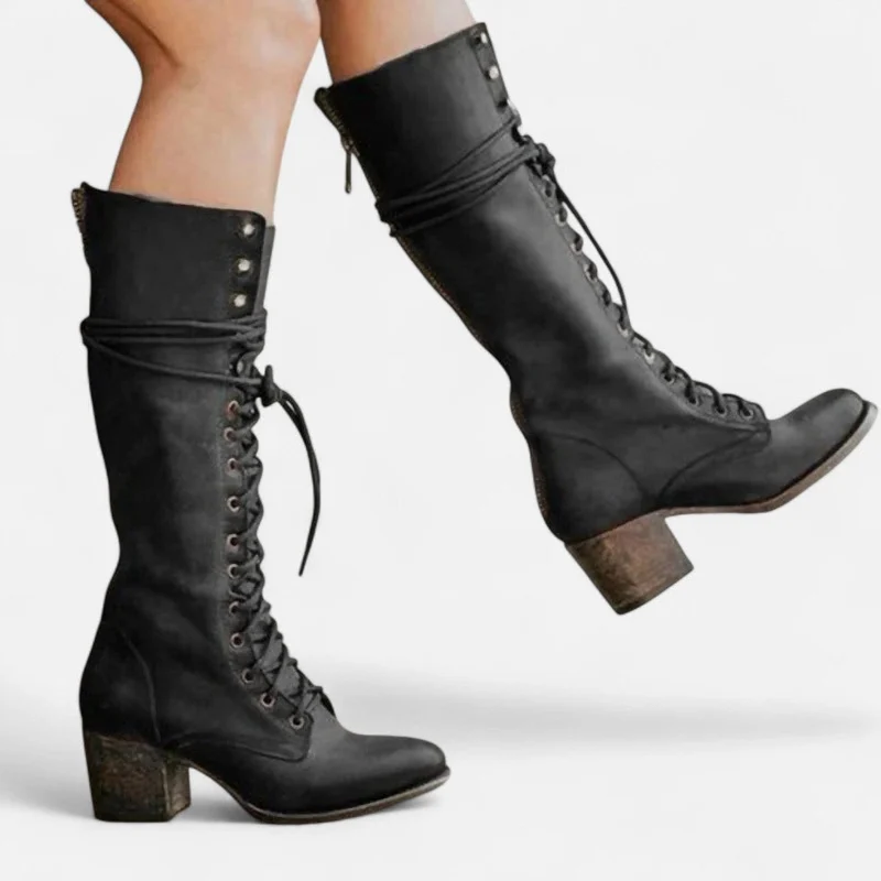 Damen Kniehohe Schnürstiefel mit Blockabsatz