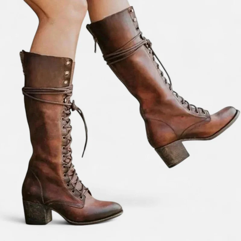 Damen Kniehohe Schnürstiefel mit Blockabsatz