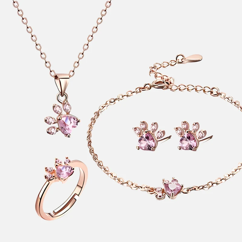 Elegantes TALINA 4-teiliges Roségold Schmuckset mit Pfote & Zirkonia-Herz - Perfektes Geschenk für Tierliebhaber