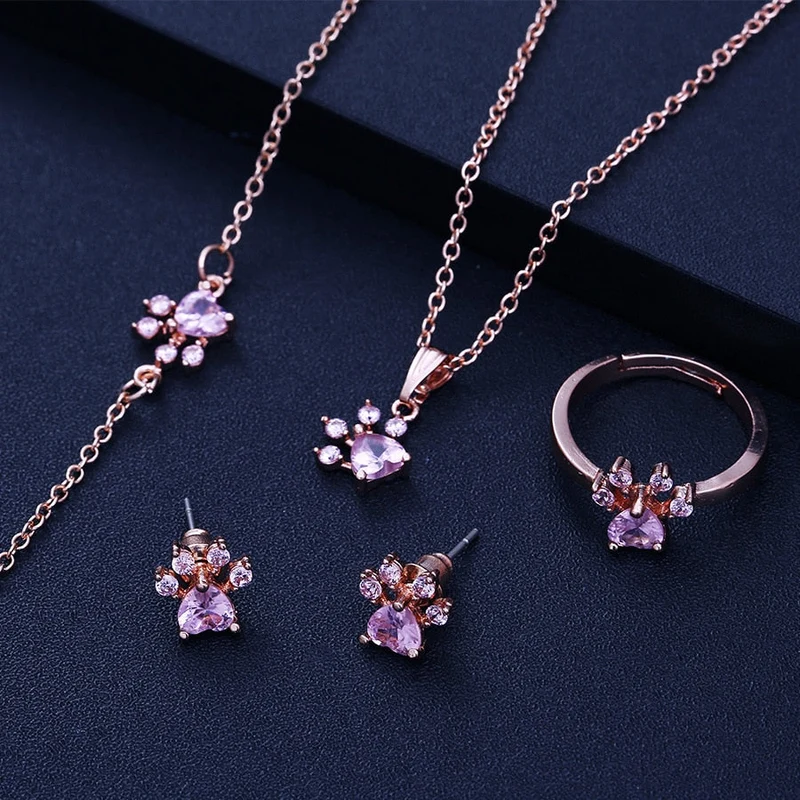Elegantes TALINA 4-teiliges Roségold Schmuckset mit Pfote & Zirkonia-Herz - Perfektes Geschenk für Tierliebhaber