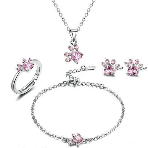 Elegantes TALINA 4-teiliges Roségold Schmuckset mit Pfote & Zirkonia-Herz - Perfektes Geschenk für Tierliebhaber