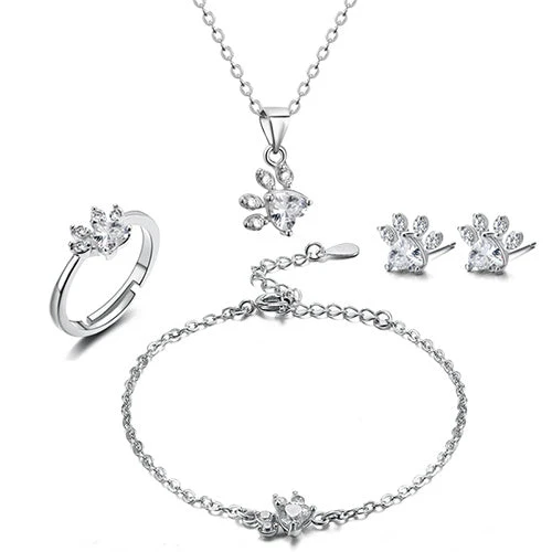 Elegantes TALINA 4-teiliges Roségold Schmuckset mit Pfote & Zirkonia-Herz - Perfektes Geschenk für Tierliebhaber