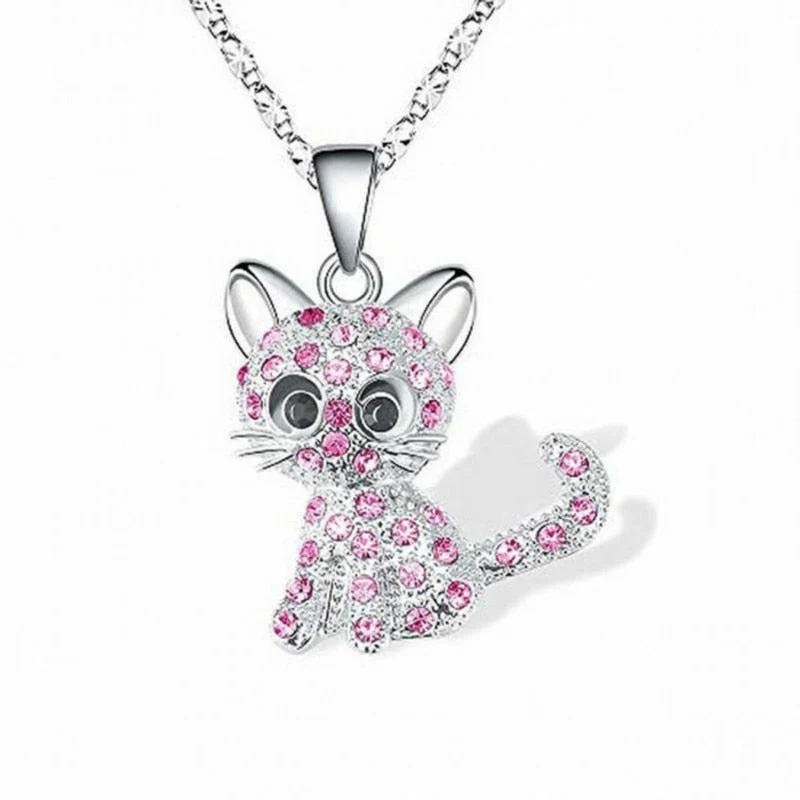 Elegante silberne Halskette mit niedlichem Babykätzchen und bunten Zirkonia - Feline