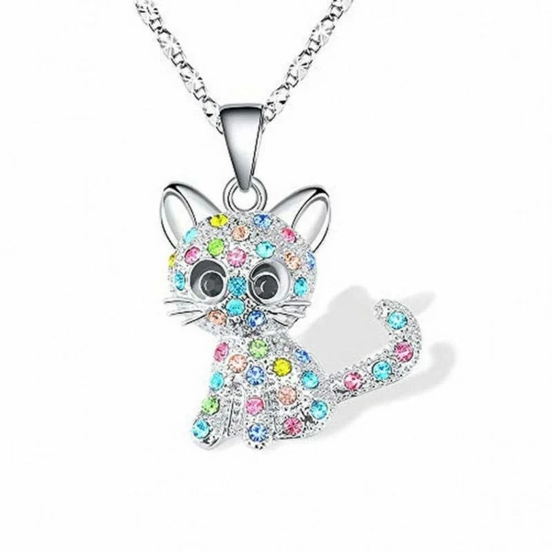 Elegante silberne Halskette mit niedlichem Babykätzchen und bunten Zirkonia - Feline