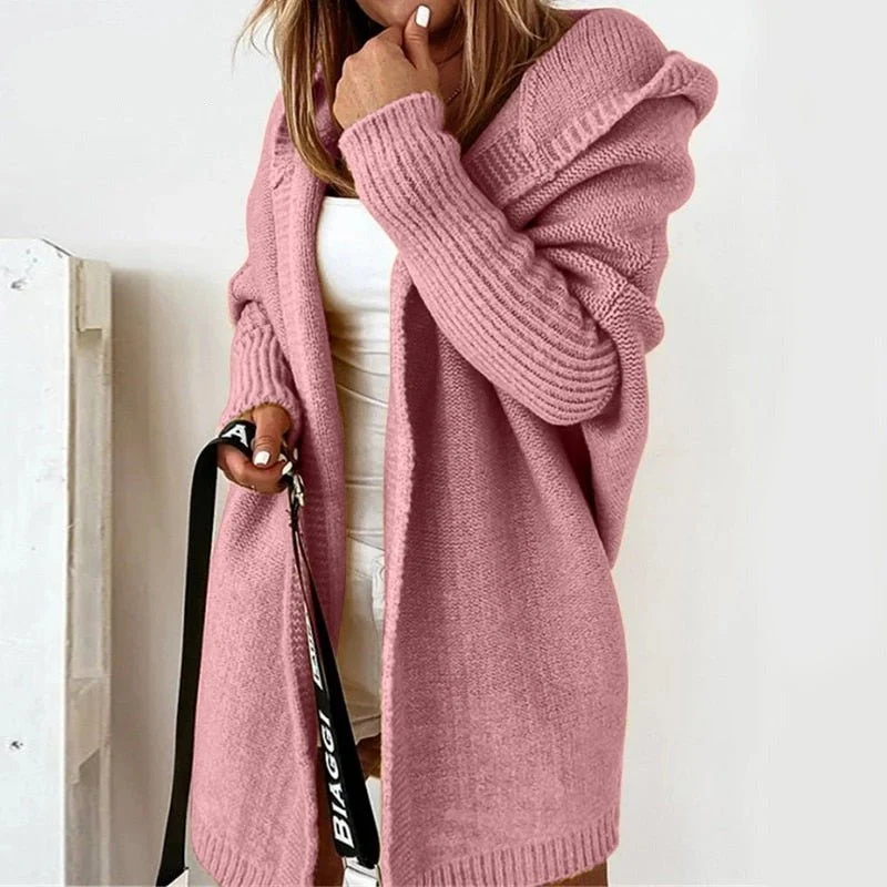 Lange Strickjacke für Damen | Mit Kapuze