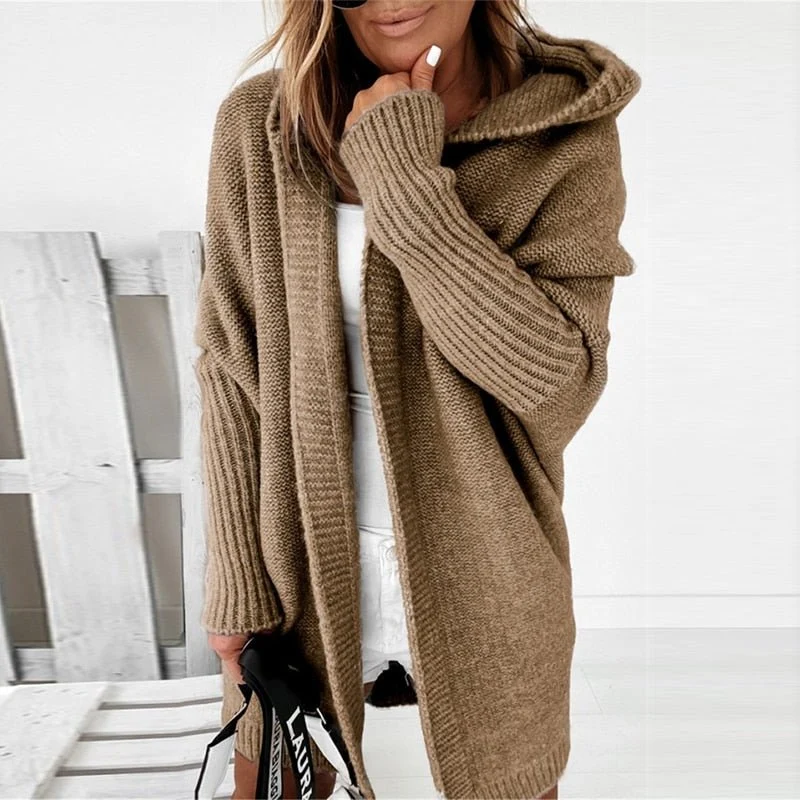 Lange Strickjacke für Damen | Mit Kapuze