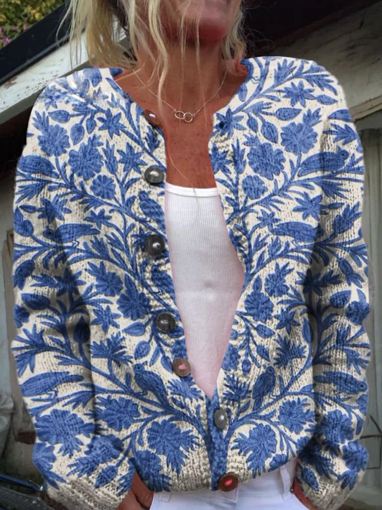 Strickjacke mit Blumenstickerei für Damen | Mit Knopfleiste