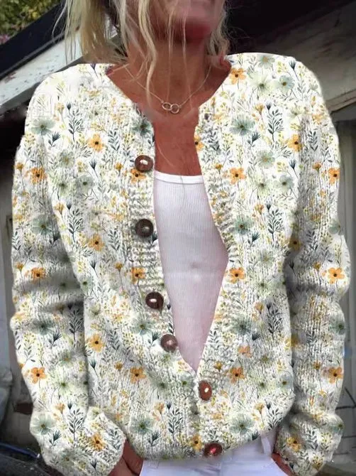 Strickjacke mit Blumenstickerei für Damen | Mit Knopfleiste