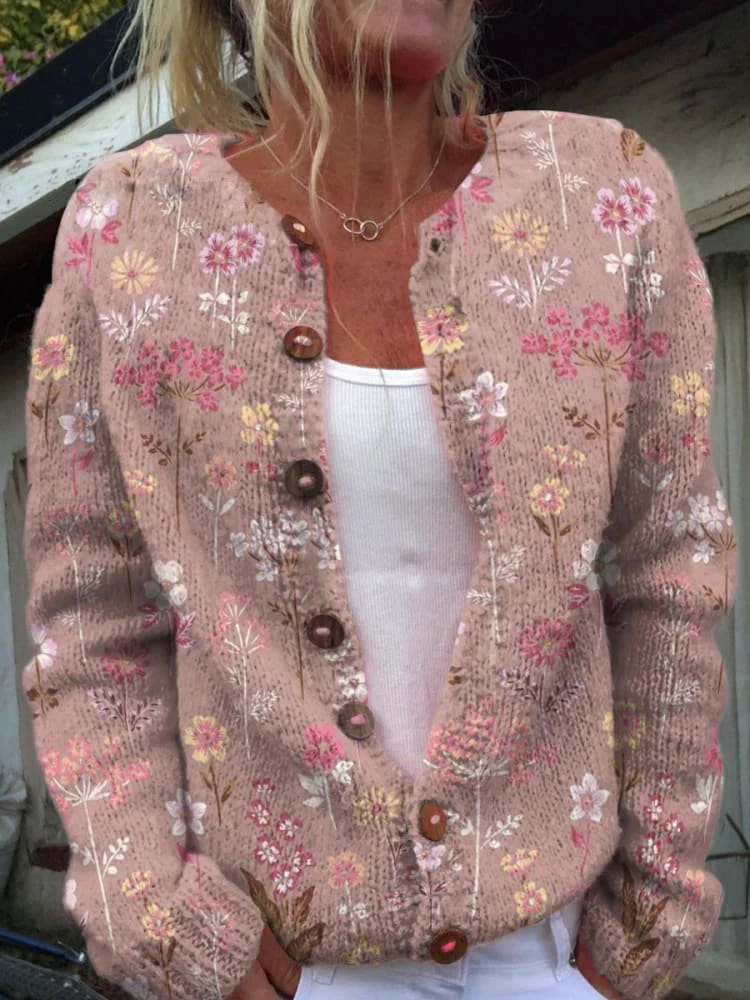 Strickjacke mit Blumenstickerei für Damen | Mit Knopfleiste