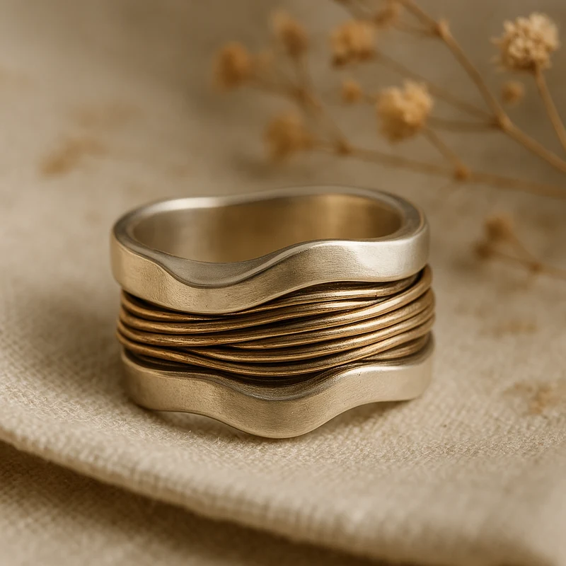 Silberner geschmiedeter Ring mit Engels Haaren in Gold