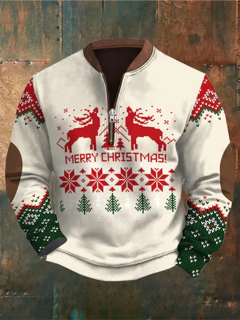 Noel - Weiße Weihnachtsstrickjacke mit Rentieren