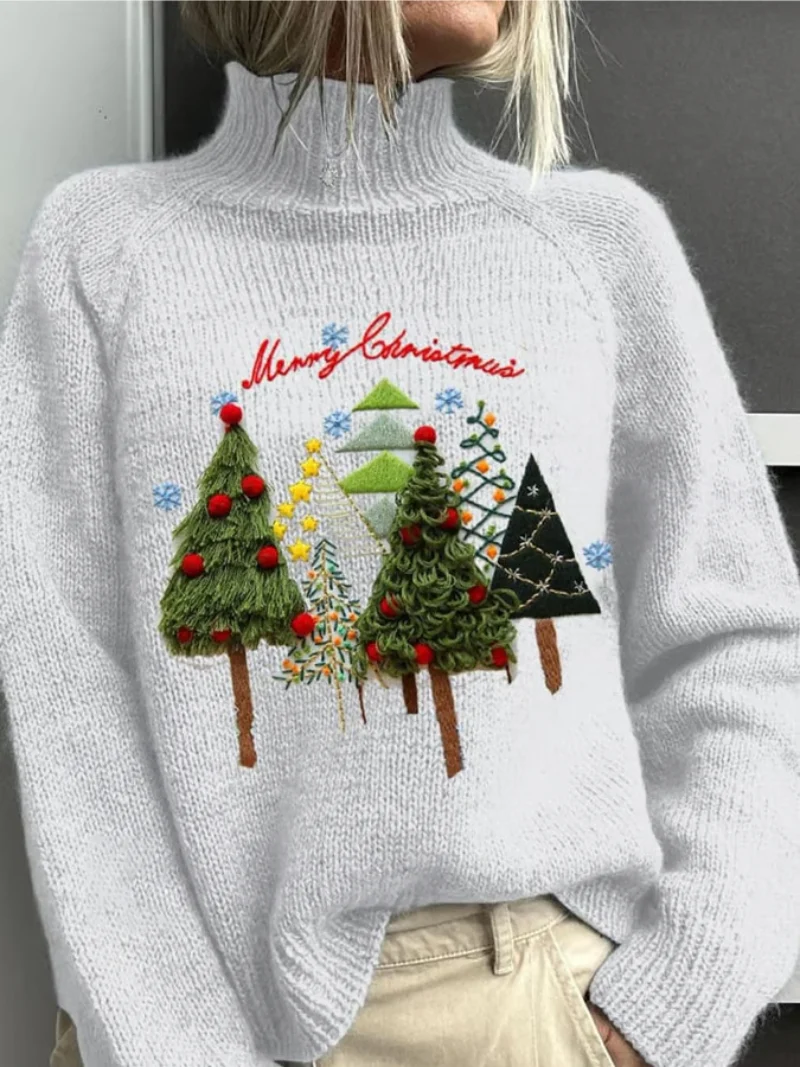 Elin - Weihnachtspullover mit Weihnachtsbäumen und Stickdetails