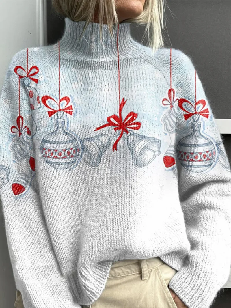 Lotte - Weihnachtsstrickpullover mit Weihnachtskugeln und Schleifen
