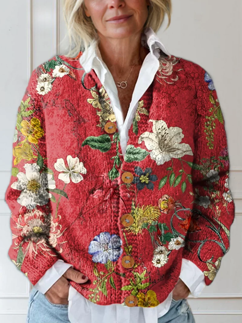 Damen Vintage Floral Kunst Druck Knopf-Cardigan Pullover