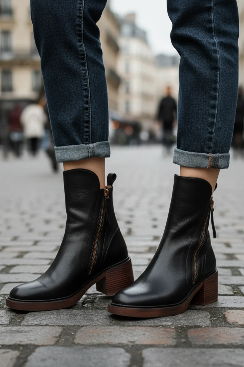 Valorine™ | Schwarze Lederstiefel mit bequemem Absatz, elegant und zeitlos
