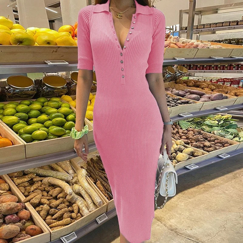 Carla | Damen Strickkleid knielang figurbetont mit Polokragen