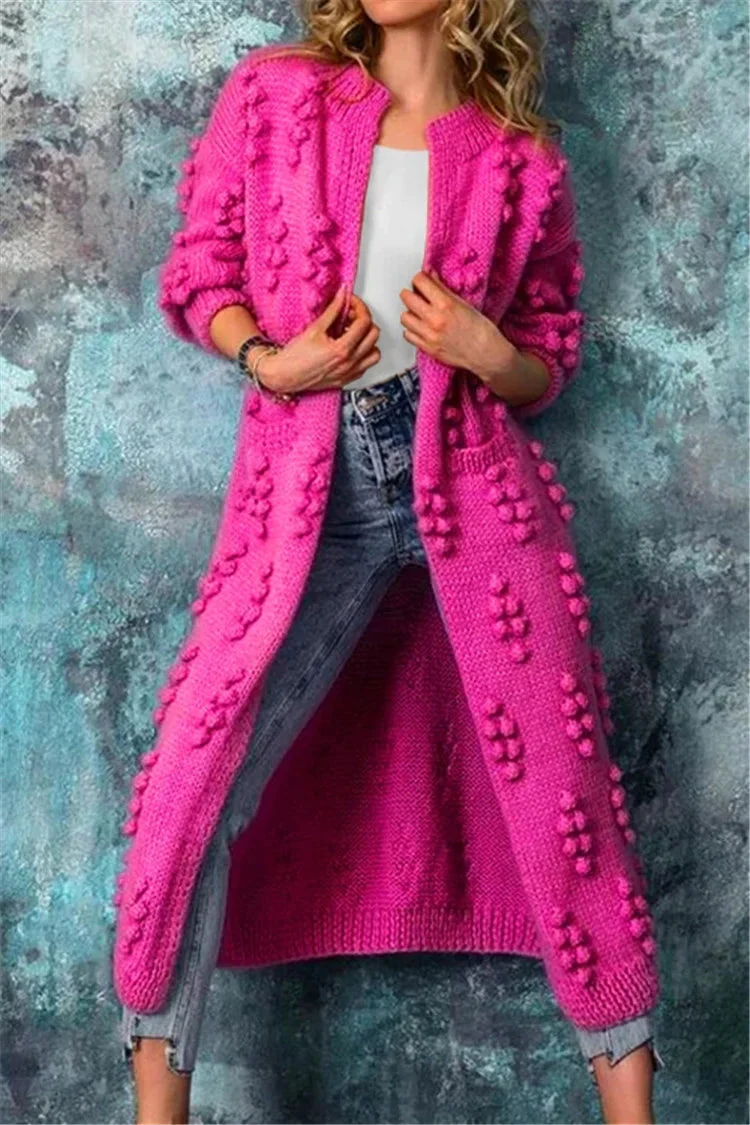 Luisa | Lange Damen Strickjacke im Norweger-Stil mit Pompons
