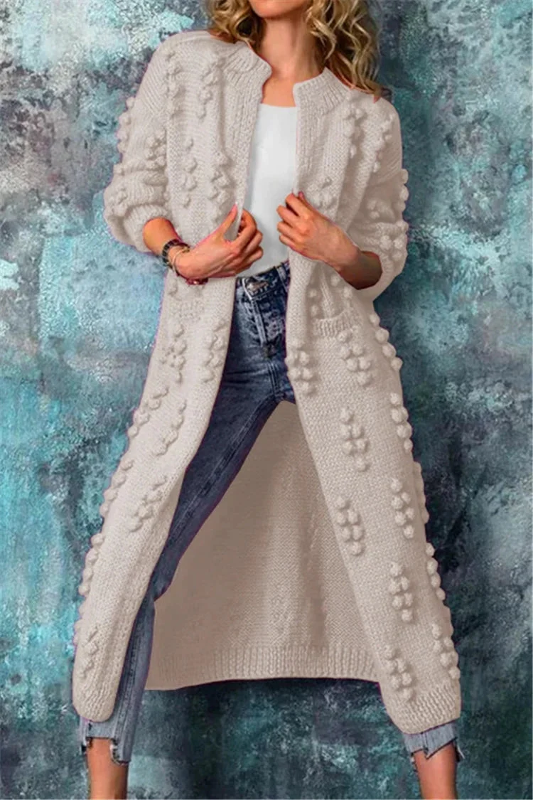 Luisa | Lange Damen Strickjacke im Norweger-Stil mit Pompons