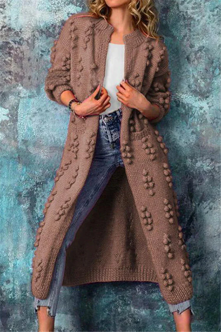 Luisa | Lange Damen Strickjacke im Norweger-Stil mit Pompons