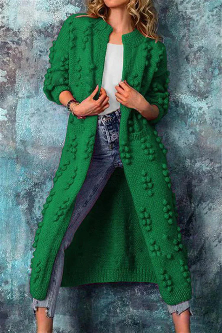 Luisa | Lange Damen Strickjacke im Norweger-Stil mit Pompons