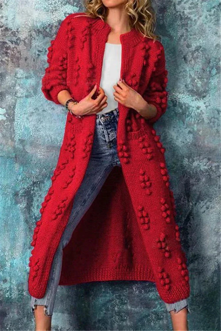Luisa | Lange Damen Strickjacke im Norweger-Stil mit Pompons