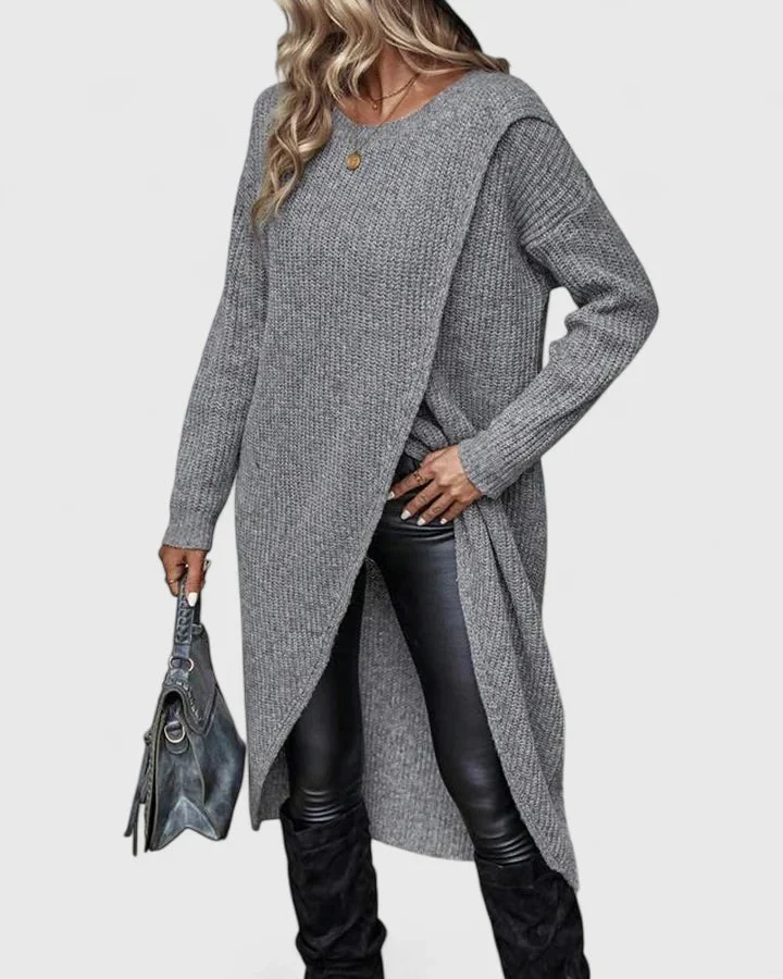 Elisa | Langes Damen Strickkleid mit asymmetrischem Wickeldetail