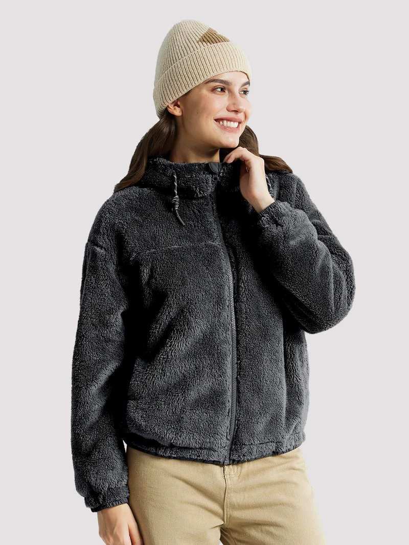 Women's Fuzzy Hooded Full-Zip Fleece Jacket