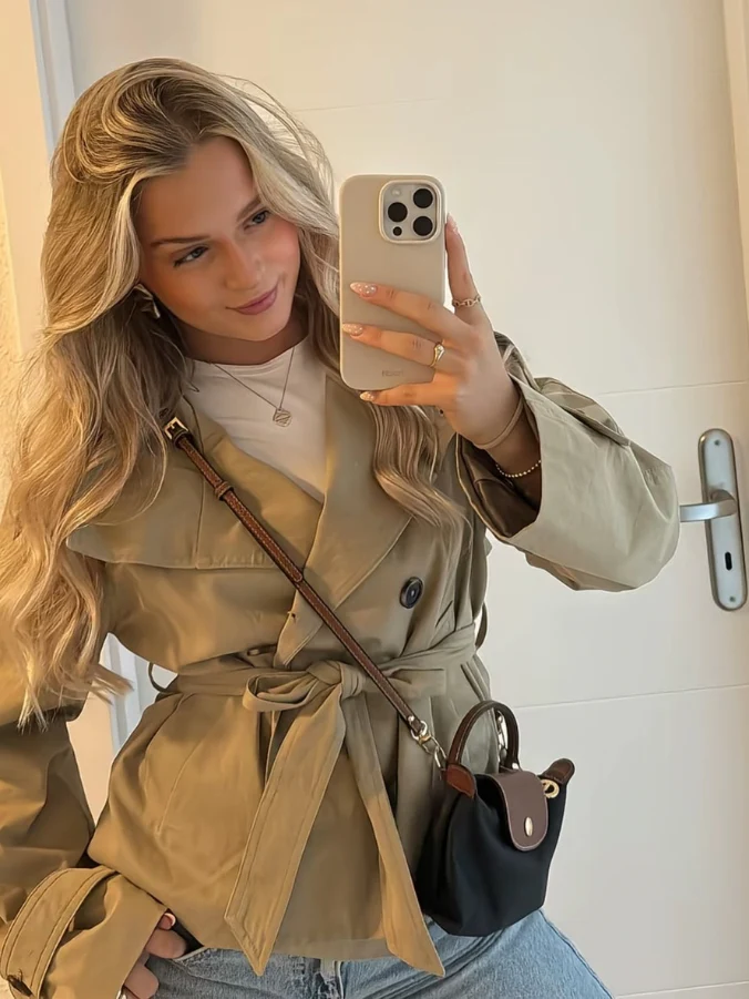 Elisa | Damen Eleganter Zweireihiger Trenchcoat mit Bindegürtel