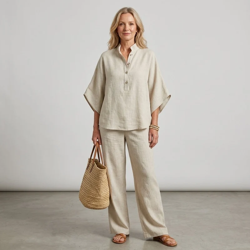 Sophia | Damen Leinen-Set mit Kimonoärmeln für den Sommer