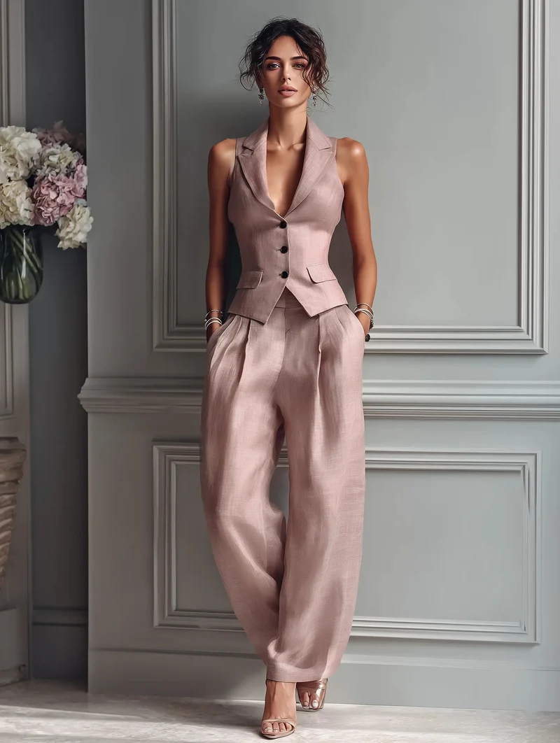 Elena | Damen Leinen Westen-Set mit weiter Hose
