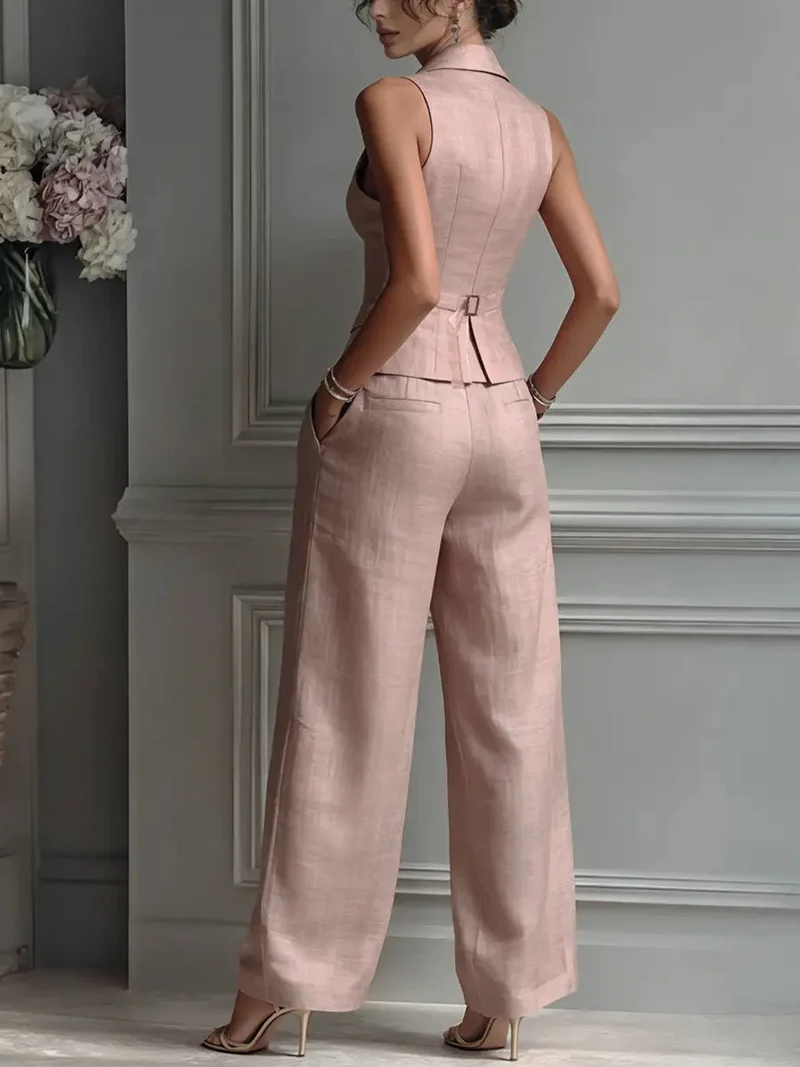 Elena | Damen Leinen Westen-Set mit weiter Hose