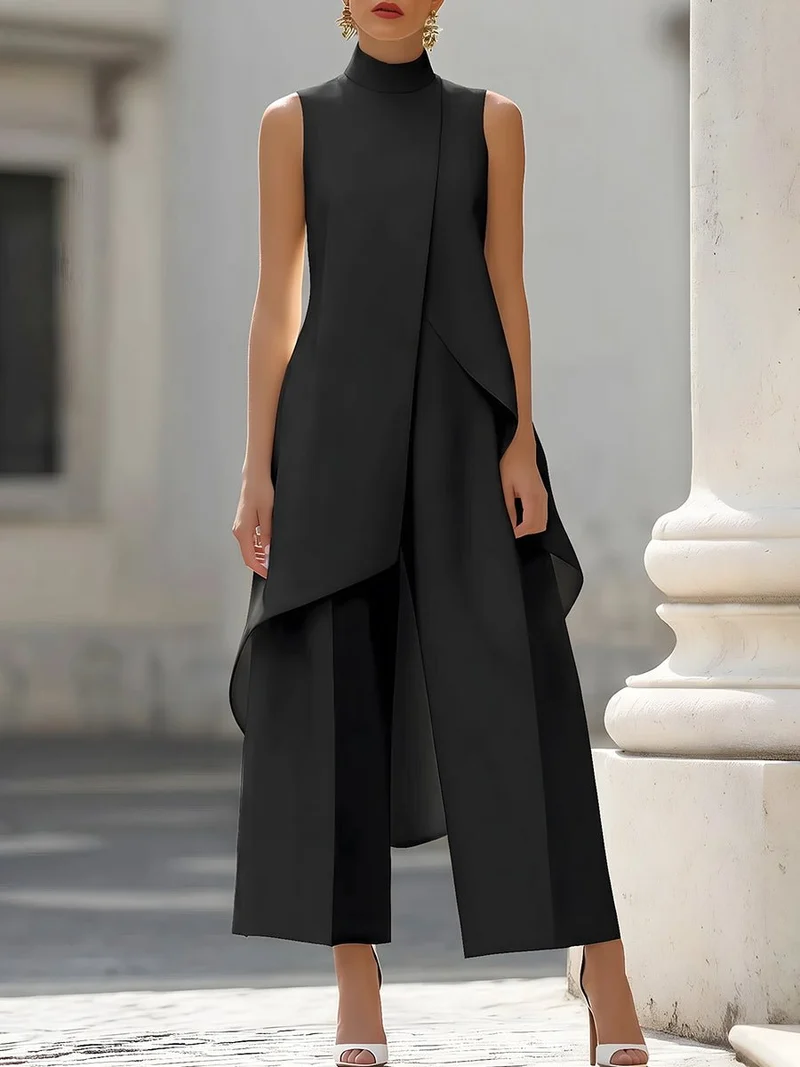 Katharina | Damen Asymmetrischer Hosenanzug-Set Hochgeschlossen