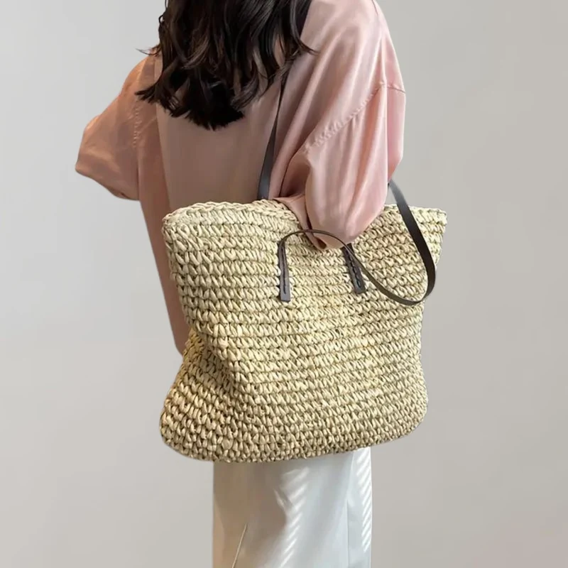 Amelie | Damen Geräumige Raffia Schultertasche im Boho-Stil