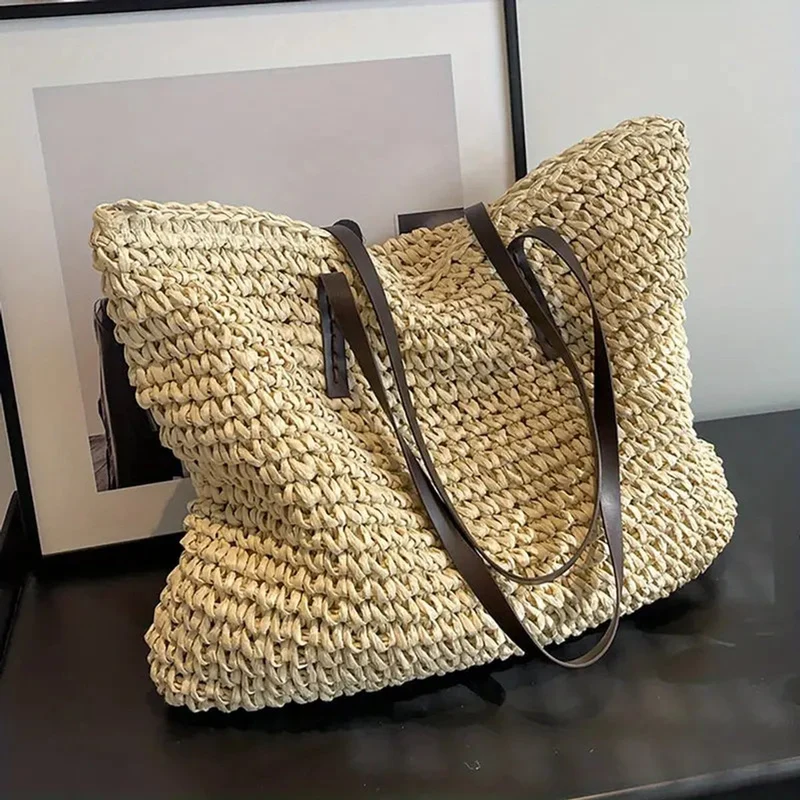 Amelie | Damen Geräumige Raffia Schultertasche im Boho-Stil