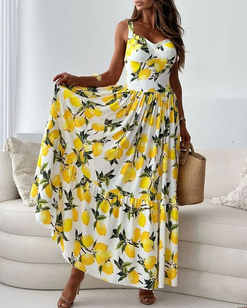 Isabella | Elegantes Damen Maxikleid mit Obstmuster
