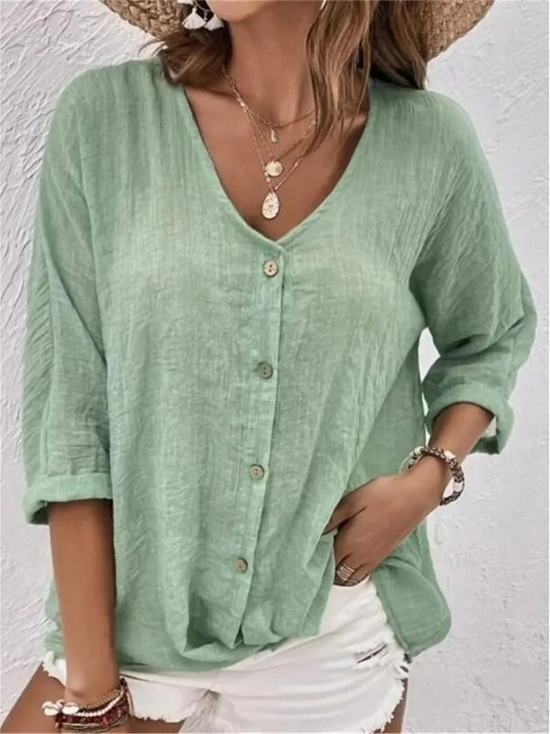 Elisa | Cotton V-Neck Button-Front Top Crinkle