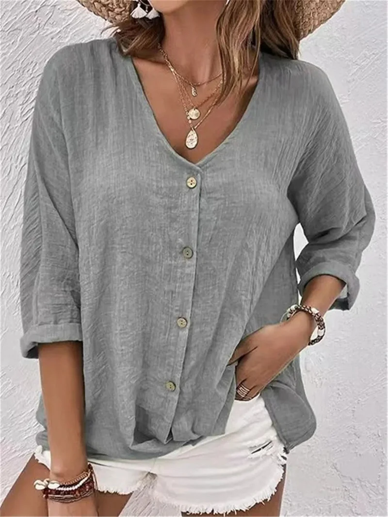 Elisa | Cotton V-Neck Button-Front Top Crinkle