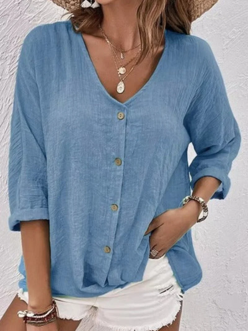 Elisa | Cotton V-Neck Button-Front Top Crinkle