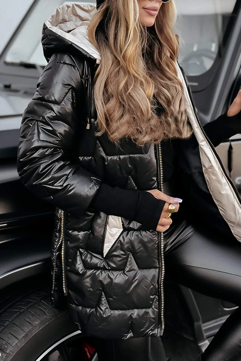 Amelie | Damen Lange Winter Steppjacke mit Kapuze